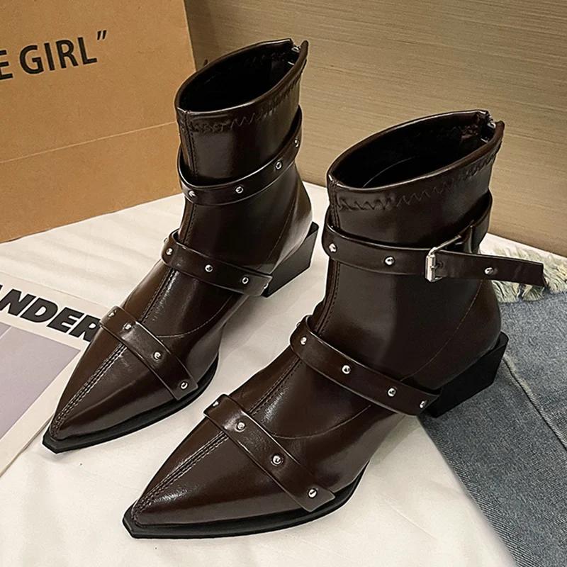 Leather Pointed Toe Women Snow Ankle Boots Mid Heels Fad Sexy Shoes Designer Chunky Winter Botas  Trend Pumps Botas De Mujer