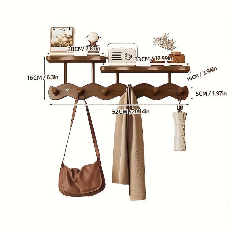 Wall Mounted Coat Rack with Hooks, No Drill Adhesive Wooden Entryway Organizer for Hats Bags, Space Saving Wall Hanger Bedroom