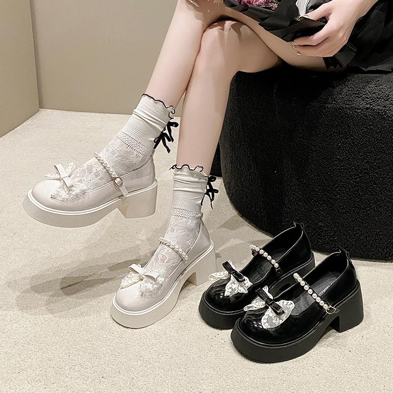 Mary Jane Shoes Women's 2025 Spring and Summer New Pearl Bow Girl Single Shoes Thick Heel Small Leather Shoes