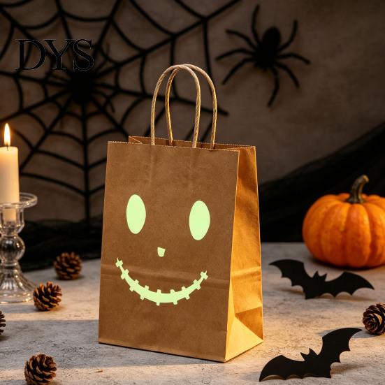 Cute Candy Packaging Halloween Bags with Luminous Pumpkin Ghost Prints, Thickened Night Glowing Holiday Paper Gift Bags, Trick or Treat Party