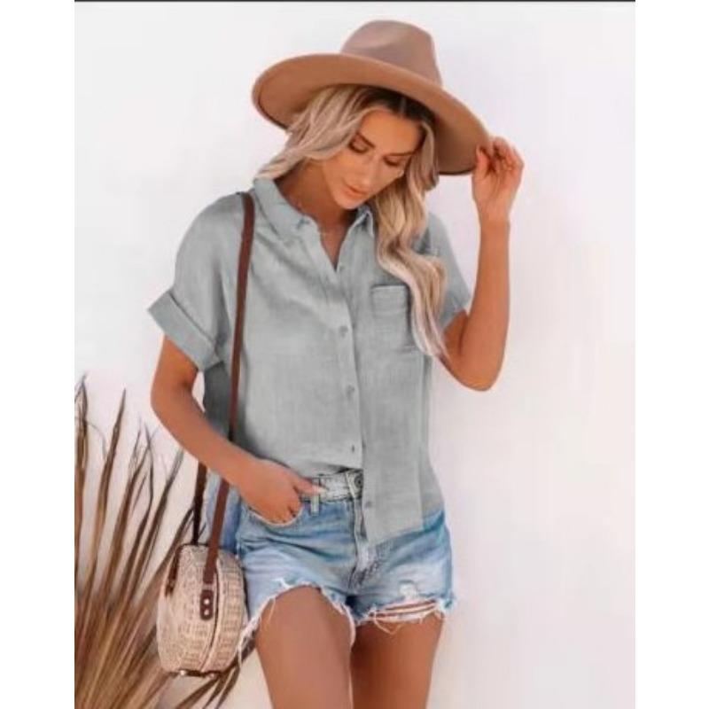 

Летняя женская блузка с коротким рукавом, свободного кроя, в стиле кэжуал, модная, элегантная, с карманом, офисная, простая, с лацканами, однотонная, больших размеров XL серый