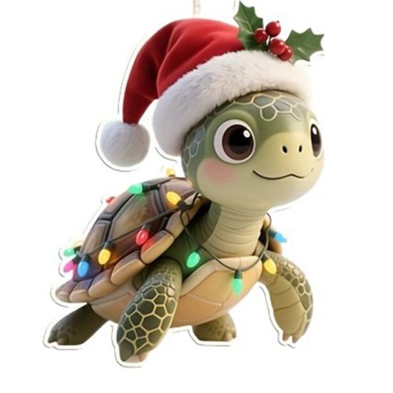 Turtle Shape Christmas Ornament with Santa Hat 2D Acrylic Xmas Tree Decor for Indoor