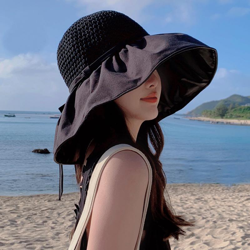 Summer new big brim sun hat women s sunscreen bucket hat hollow breathable beach hat versatile sun hat