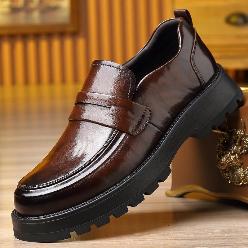 Men Slip-On Loafer Dress Shoes Black Leather Chunky Thick Sole Round Toe Business Casual Non-Slip Walking Office Shoes For Man