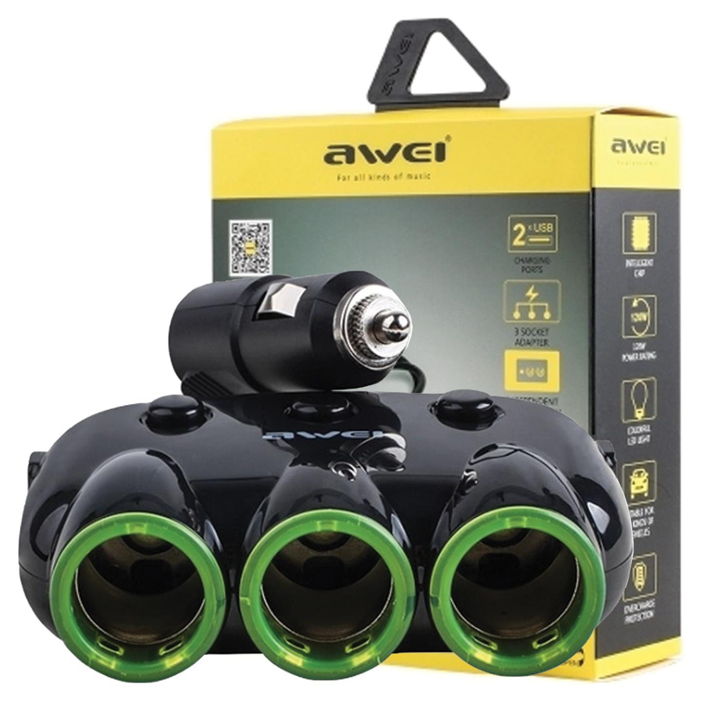 Awei Car Splitter C-35 3 Soquetes de Isqueiro 12V + 2 Usb, Splitter Preto/Preto