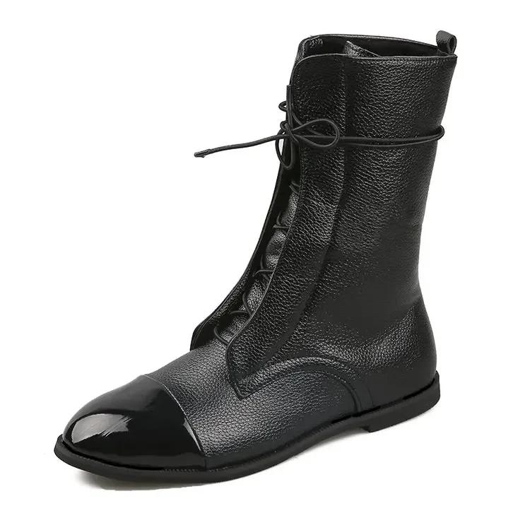 Soft Leather Women Short Boots Vintage Anti-slip Rubber Bottom Versatile Short Boots Women Lace-up Round Toe Boots