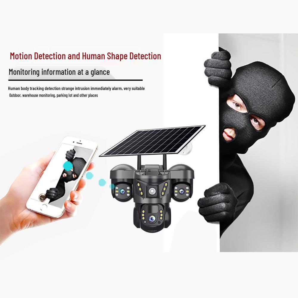 Triple-Screen 360° Wireless Solar Surveillance Camera with Tri-Lens Integration.