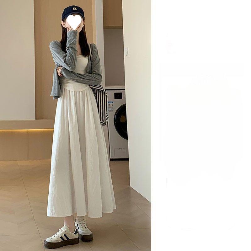 Mori Style High-Waist Pleated White Midi Skirt for Women - Summer 2025 A-Line Slimming Skirt