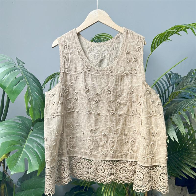Embroidery, Embroidery, Cotton Embroidered Vest Top Women's Crew Neck Pullover Hollow Knitted Lace Sleeveless Bottom Solid Color T-Shirt