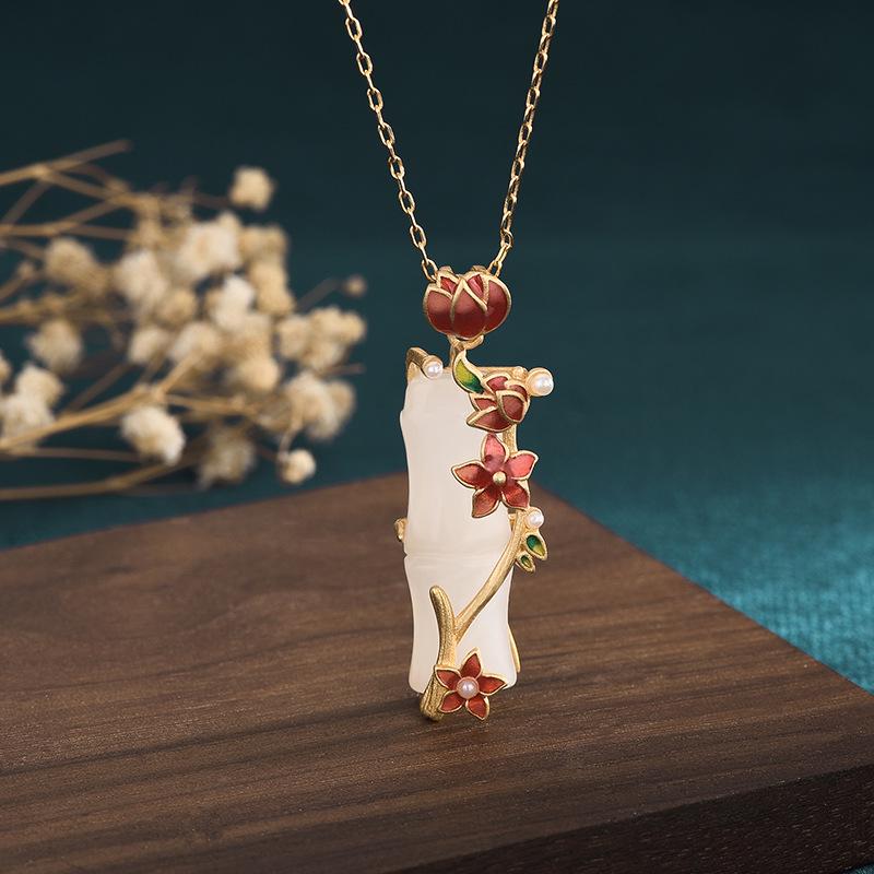 

Chinese Style Gold-Plated Enamel Bamboo Pendant Necklace with Imitation Hetian Jade