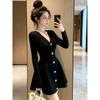 New French gold buckle V-neck knitted dress women's spring niche high-end waist and thin tutu skirt