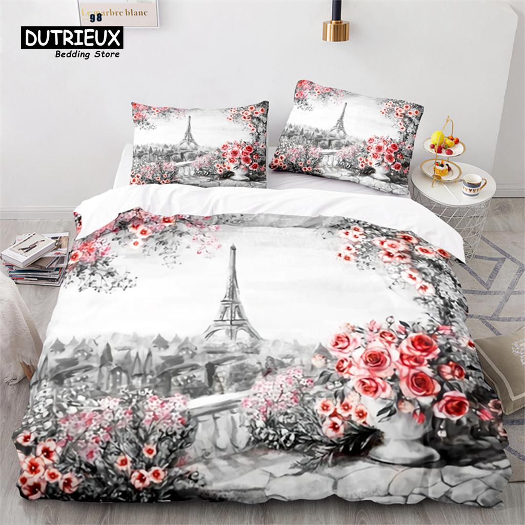 Eiffel Tower Duvet Cover Microfiber Paris Cityscape In The Clouds Bedding Set King Size For Kids Adults Romantic Comforter Cover