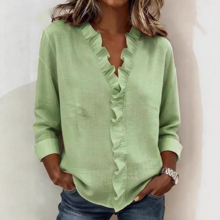 Spring Women's Wood Ear Trim Long Sleeve Cotton Shirt