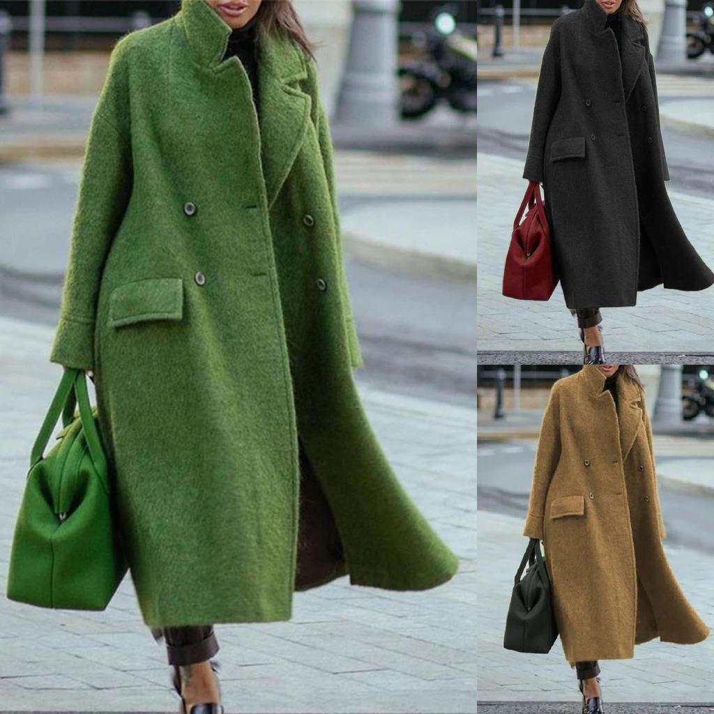 2026 New Women's Long Wool Blend Coat, Oversized Solid Color Casual Overcoat for Autumn Winter, Plus Size Warm Trench Coat