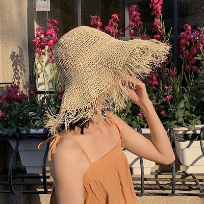 Damenhut mit breiter Krempe, atmungsaktiver Strohhut mit Fransen, Sommer-Sonnenschutz, Sonnenhut, Eimerhut, Strandhut