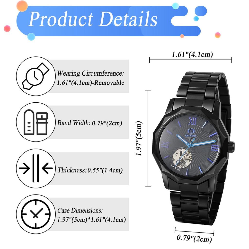Men's Automatic Mechanical Watch Roman Analog Display Luminous Waterproof Stainless Steel Band Skeleton Watch Casual Business Silver Black -