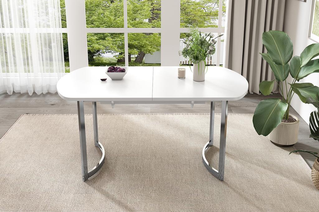 Extendable Dining Table 140/180 x 80 cm, Modern Style, High-Strength Alloy Bracket, Suitable for 4-6 People, White + Silver-Plated Table Legs