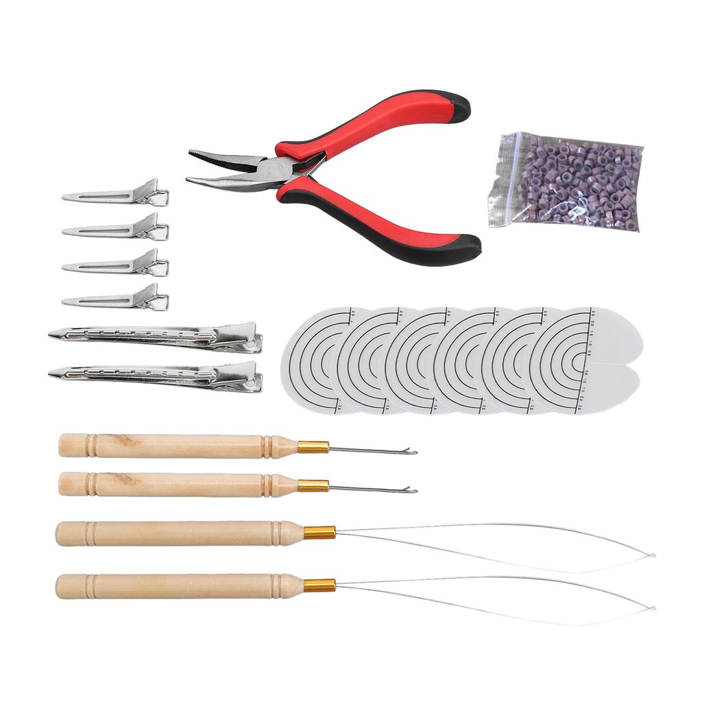 Hair Extensions Tool Kit Silicone Micro Rings Bead Wooden Handled Pulling Hook Needle Transparent Spacer Template
