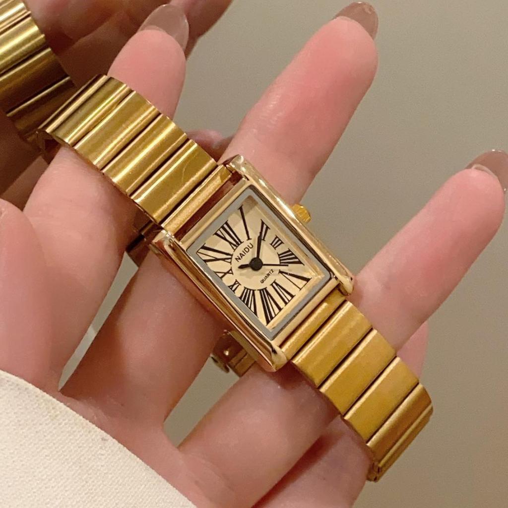 Women's Luxury Quartz Watch with Roman Numerals, Square Face, Bamboo-Style Steel Band, Niche Design.