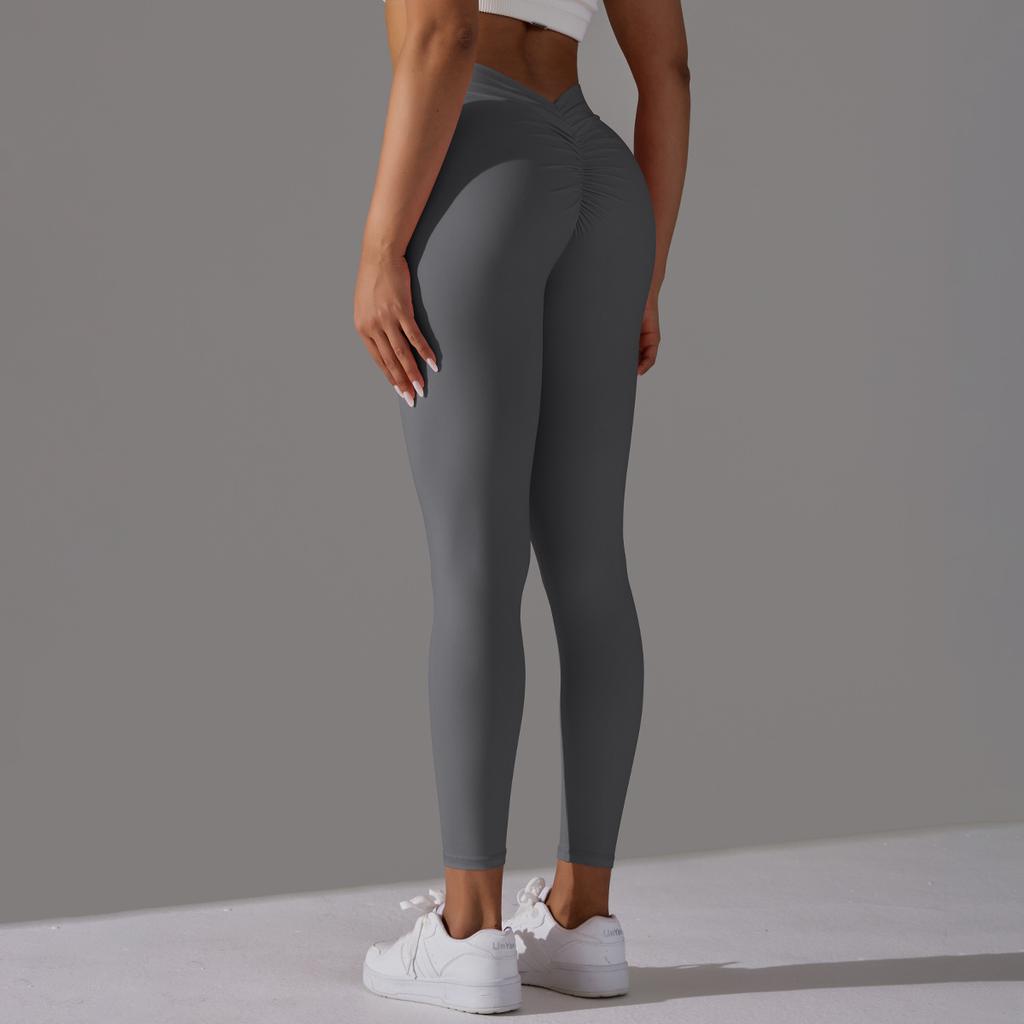 Brushed V-waist Pleated Solid Color Peach Hip Yoga Pants For Sports, Running, Fitness, Tight Fitting Cropped Pants