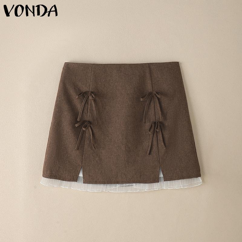 VONDA Women Zipper Waist Bow Knot Solid Color Netyarn Hem Mini Skirts