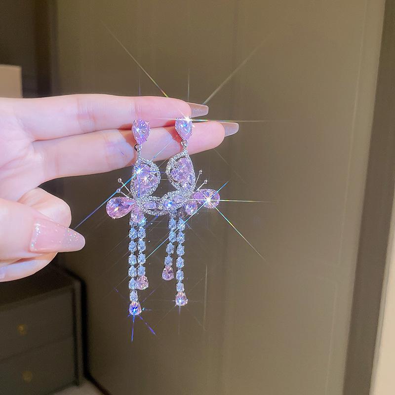 Silver Rhinestone Heart Zircon Tassel Earrings - Elegant, Luxurious, and Unique Design.