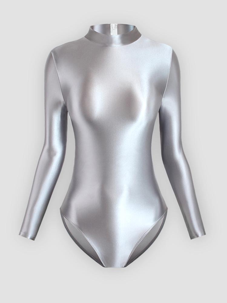Solid Color High-Cut Rhythmic Gymnastics Leotard Ballet Dancewear - Women's Silky Luster One-Piece Swimsuit Base T-Shirt