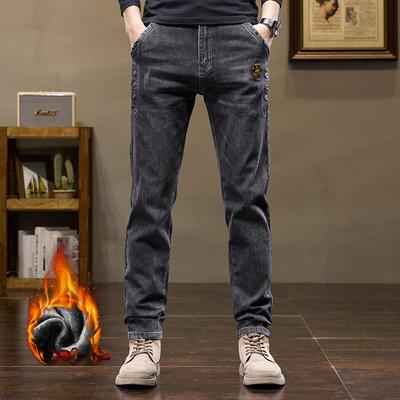 Men's Straight Leg Fleece-Lined Denim Pants, Men's Classic Design Jeans, Versatile for Autumn/Winter