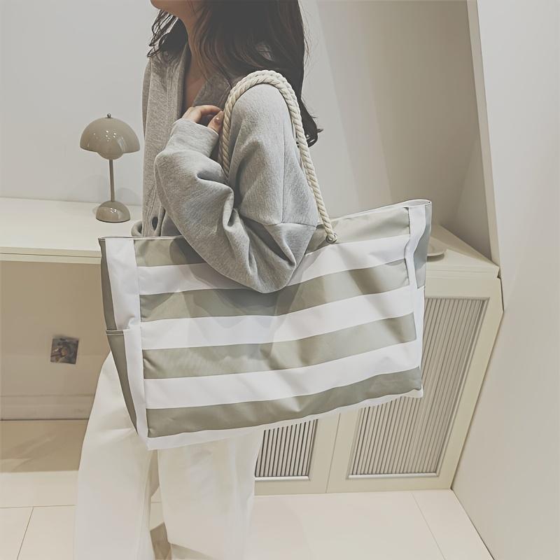 Fashionable Striped Canvas Beach Backpack, Beach Bag, Large Capacity Portable Storage Bag, Shoulder Bag.