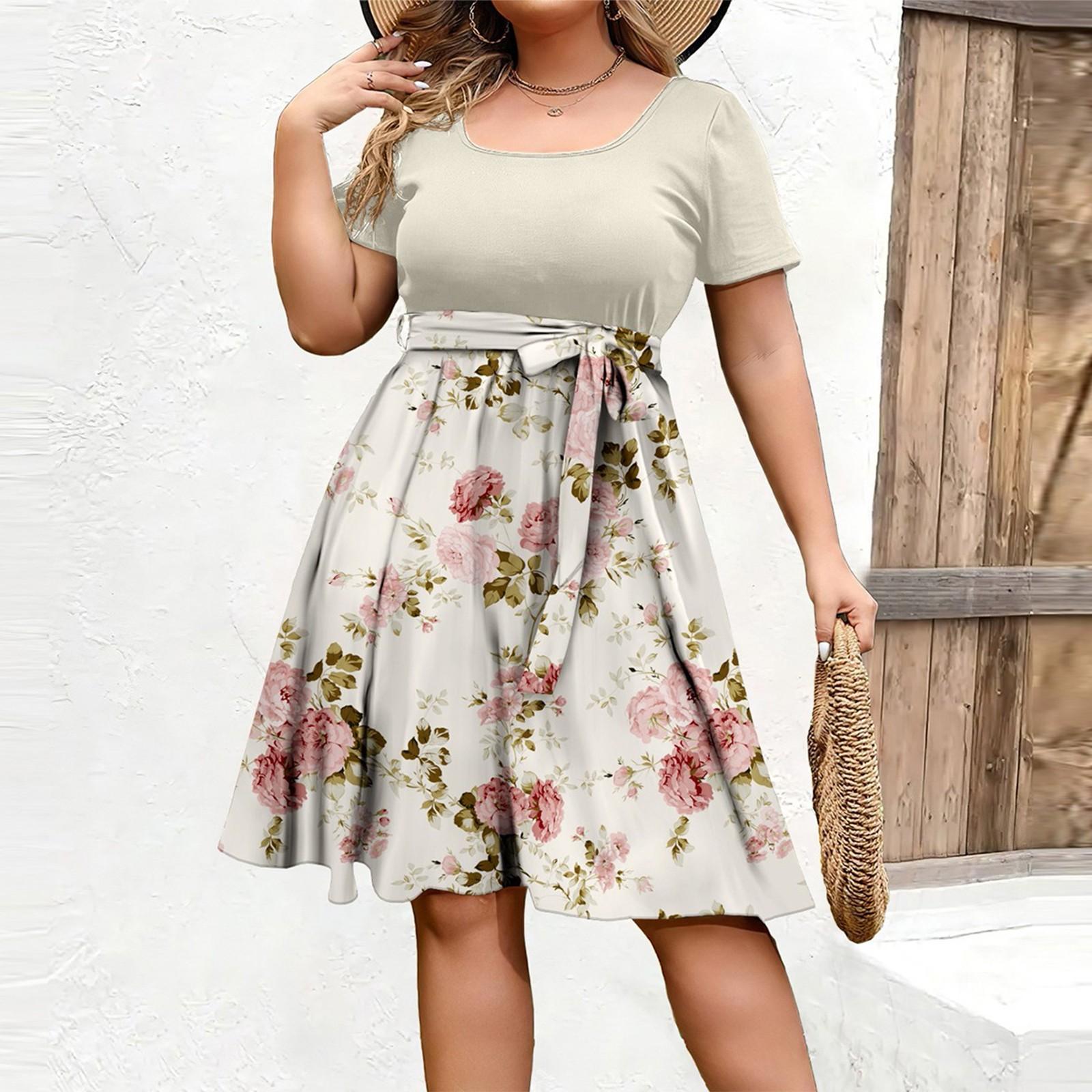 

Женское модное и трендовое платье с круглым вырезом и короткими рукавами на талии с принтом размера плюс XXXL розовый