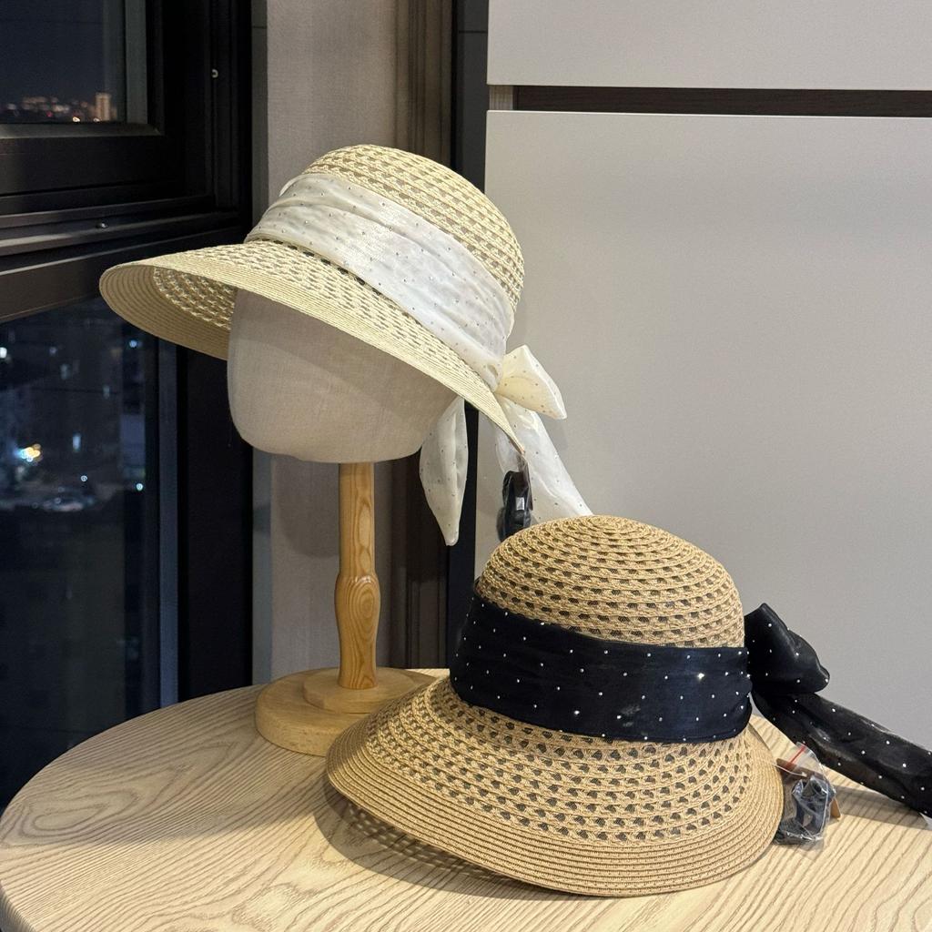 New Summer French Polka Dot Bow Fisherman Hat for Women, Sun Protection Sunshade Hat for Travel, Vacation, Hepburn Style Straw Hat