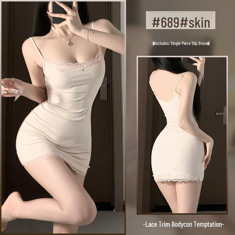 Xianyi Pure Desire Lace Splice Sexy Bodycon Sling Dress - Solid Color Sleepwear 689