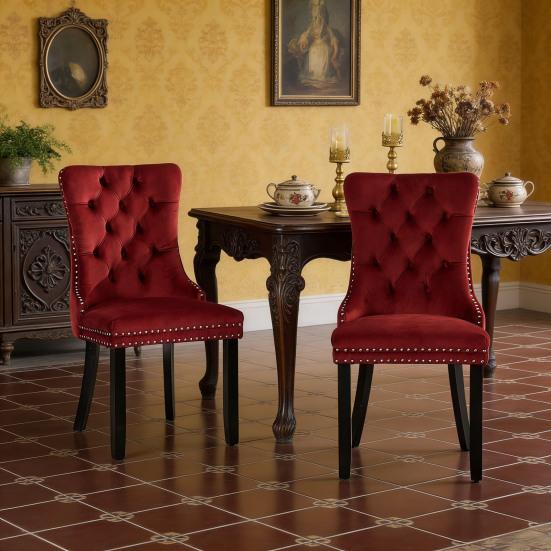 Classic Velvet Dining Chairs, High-end Tufted Solid Wood Contemporary Velvet Upholstered Dining Chair with Wood Legs, Set of 2, Wine
