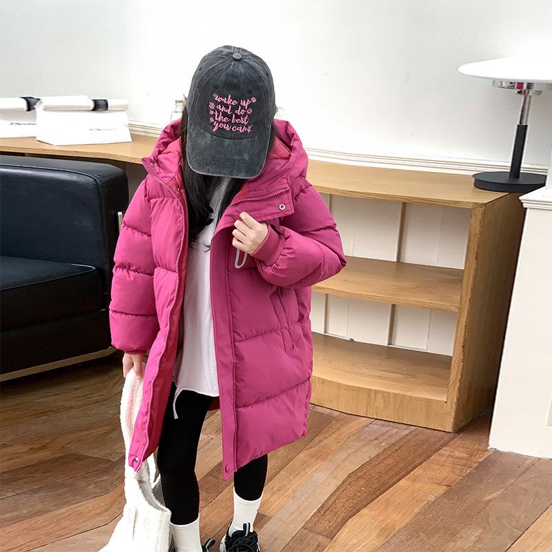 Winter Girls Jacket Long Solid Color Thick Keep Warm Hooded Down Outerwear for 3-10Y Teen Girls Casual Cotton Windbreak