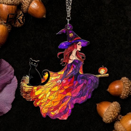 Broom Witch Acrylic Ornament Vintage Halloween Cat Decoration, Window Hanging Ornaments, Colorful Decoration Rustic Farmhouse Tree Decor, Party