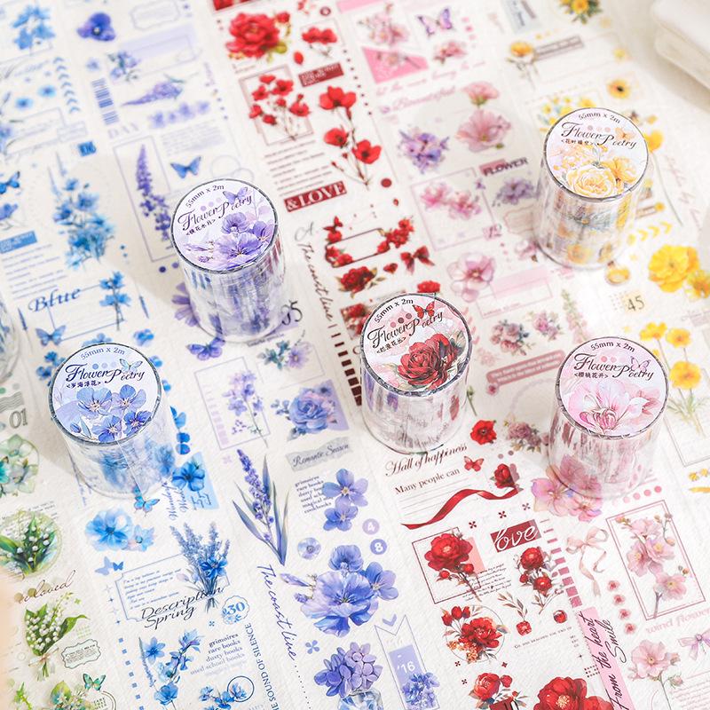 Floral PET Collage Tape: 6 Styles - Flower Text & White Ink for Journals