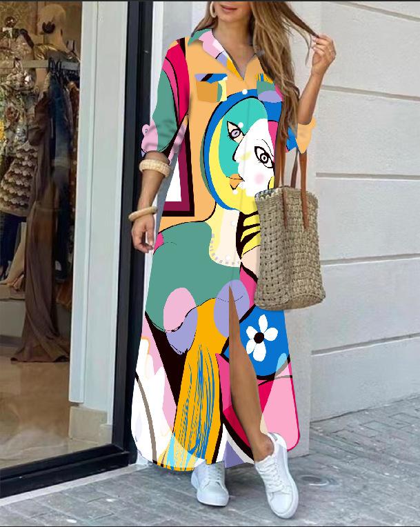 Fashion Long Sleeve Print Women Loose Fit Casual Maxi Dress