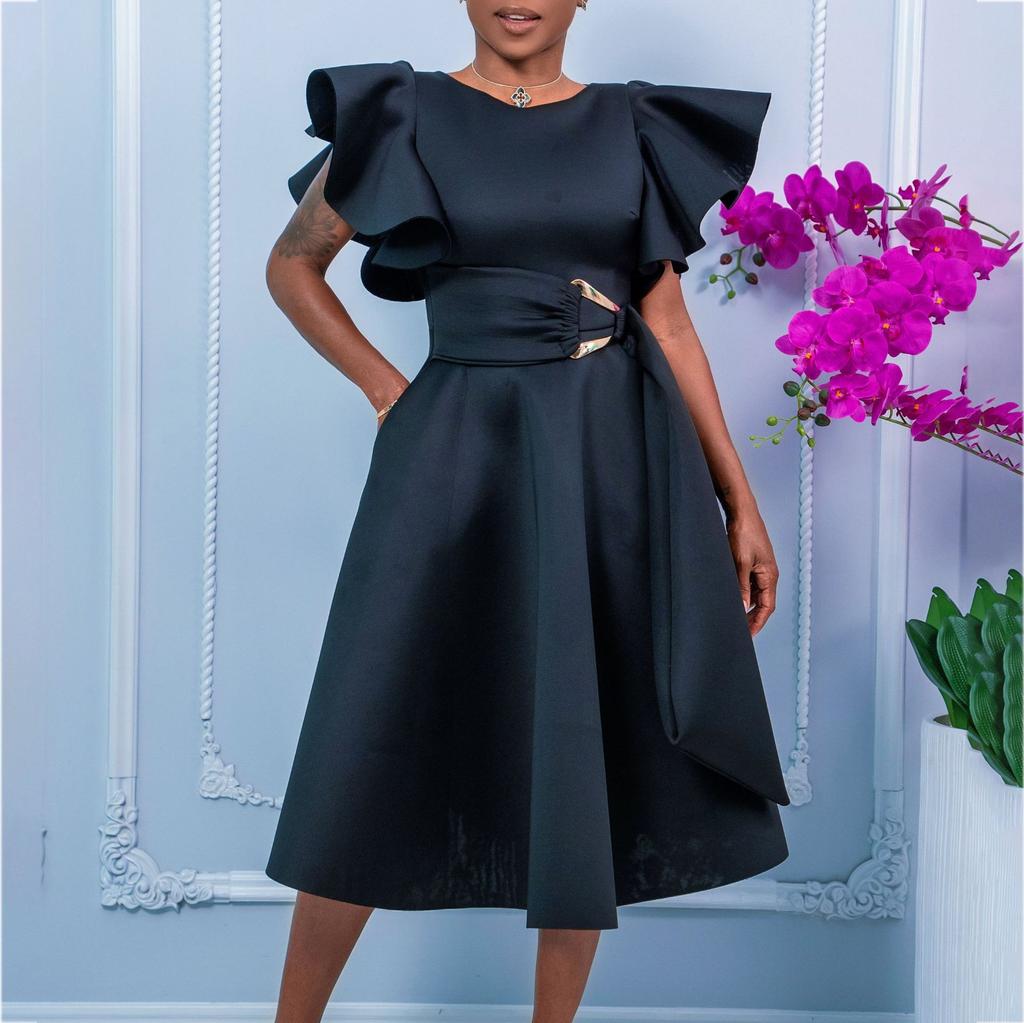 Womens Elegant Ruffle Sleeve Waist Tie A Line Midi Evening Dress