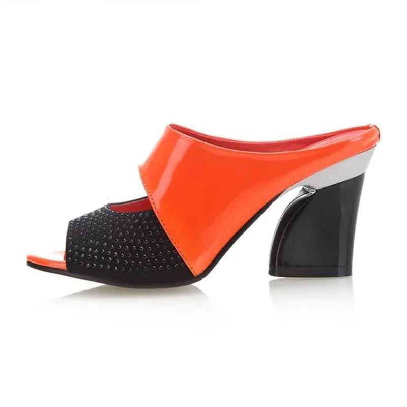 High-heeled Slippers Women's Medium-heeled Fish Mouth Slippers Thick-heeled Sandals Patent Leather Rhinestone Women's Sandals
