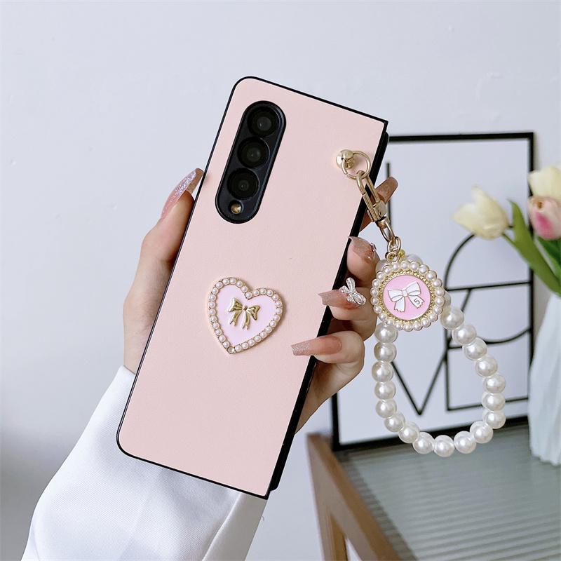 Roztomilý Pearl Love Heart Chain přívěsek Pouzdro na telefon pro Samsung Galaxy Z Fold 4 3 5 Kryt Kožený pant Ochranná pouzdra pro Samsung Z Flip 3 Z flip 4 5