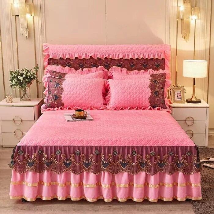 Luxury Lace Embroidery Bed Sheet Thick Velvet Quilted Bed Skirt Queen Size Warm Soft Plush Bedspread  Not Included Pillowcase