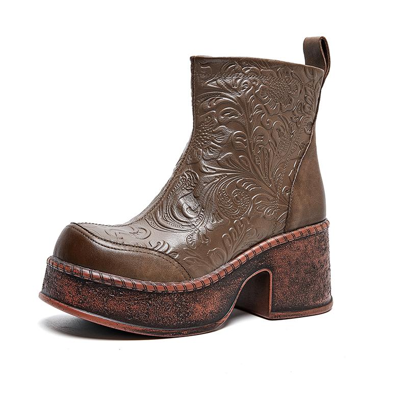 Fashion GKTINOO Women Motorcycle Boots Genuine Leather 2025 New Zip Round Toe Women Shoes Sewing Handmade Retro Platform Short Boots