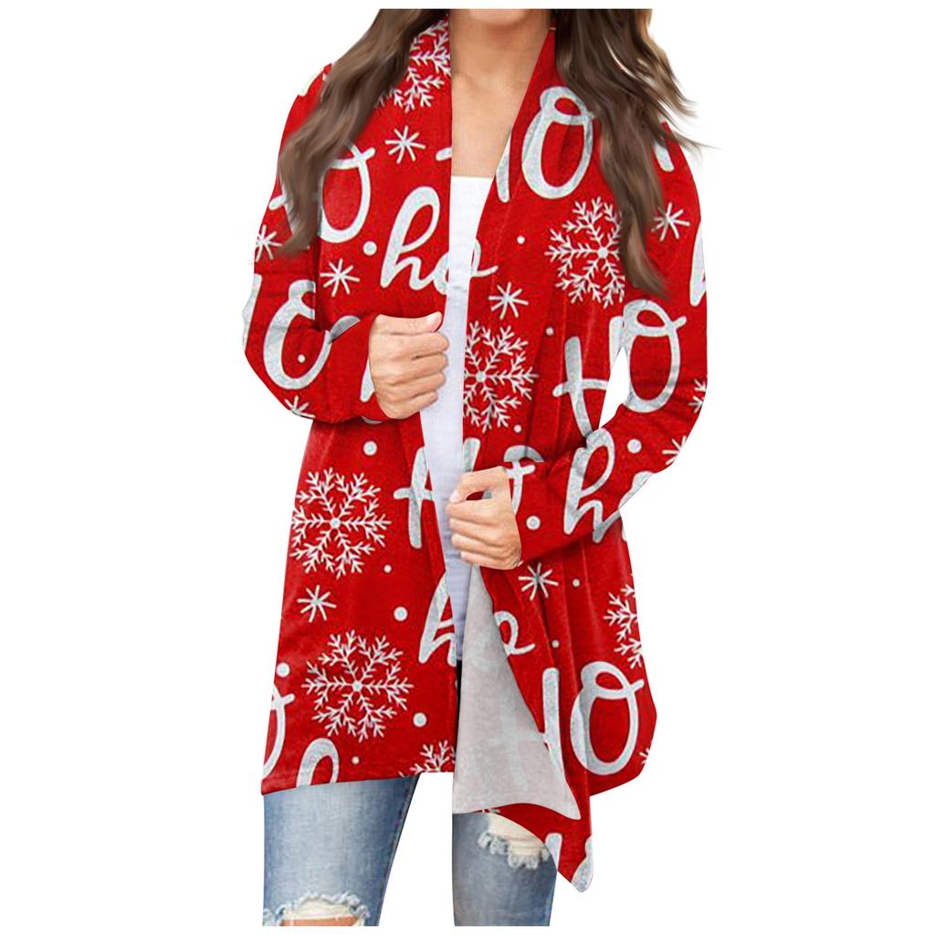 Lässiger, mittellanger Cardigan-Mantel mit Blumen- und Weihnachtsdruck für Damen