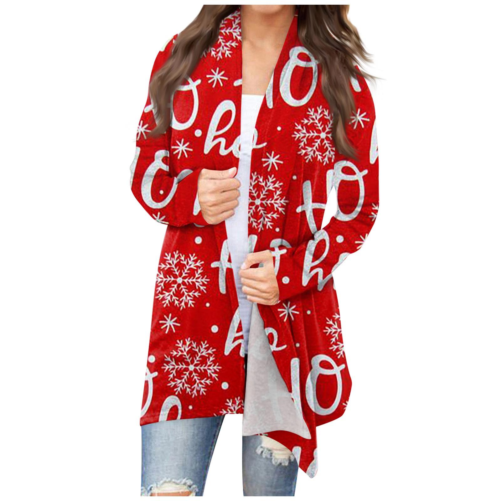 

Женский повседневный кардиган средней длины с цветочным рождественским принтом XXXXXL красный