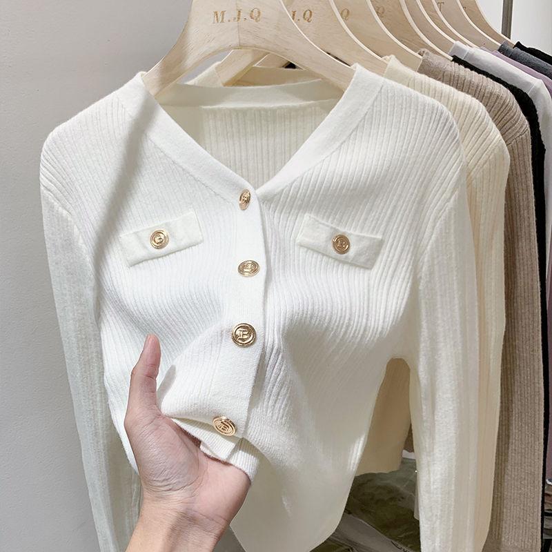 

Французский однотонный элегантный вязаный кардиган женский повседневный V-образный вырез белый свитер с длинными рукавами весна осень 2025 S белый