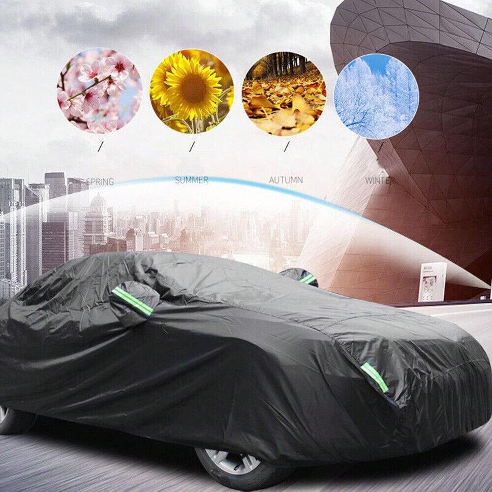 Premium Black 190T Car Cover with Reflective Strips, Dustproof Scratch Resistant Heavy Duty Protector for Sedan Hatchback SUV