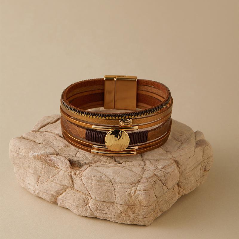 Vintage Rhinestone Braided Leather Bracelet for Women Bohemian Multilayer Wrap Wide Bracelets Party Jewelry Gifts