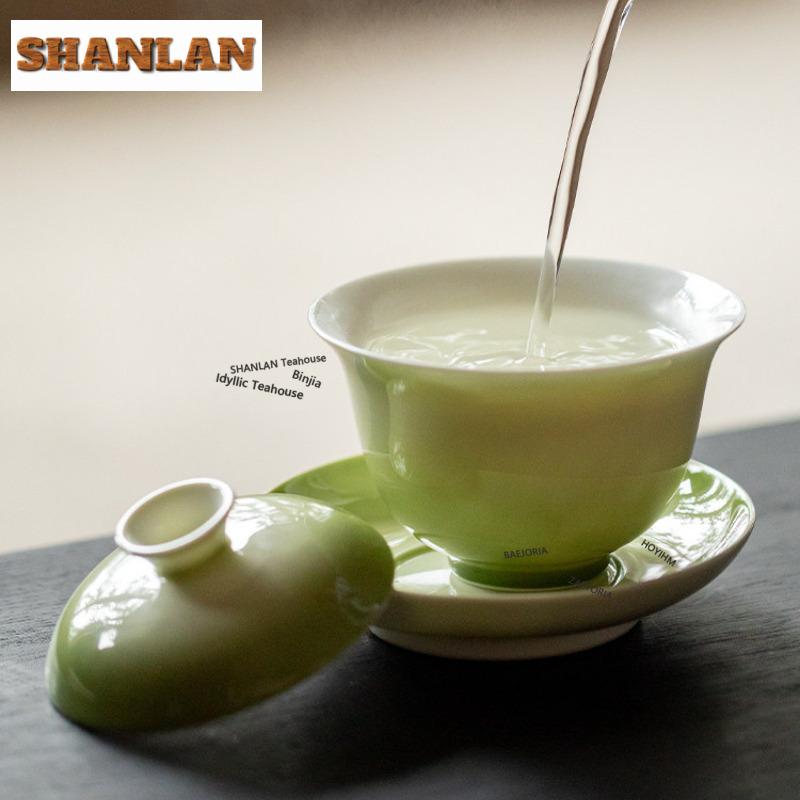 100ml Gradient Green Gaiwan Vintage Not Hot Tea Tureen Household Tea Bowl With Lid Kit Tea Making Cover Bowl Drinkware Gifts
