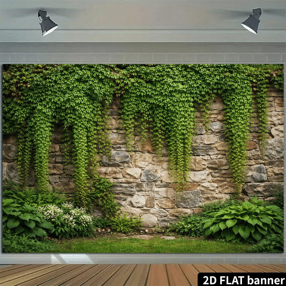 2D Planar Natural Wind Stone Wall with Climbing Vine Background Fabric, Lush and Dense