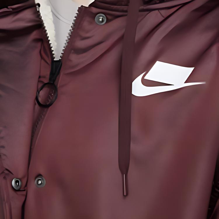 Nike Solid Color Hooded Logo Print Zipper Mid-Length Cotton Coat Women Coats Dark-Red BV3126-681